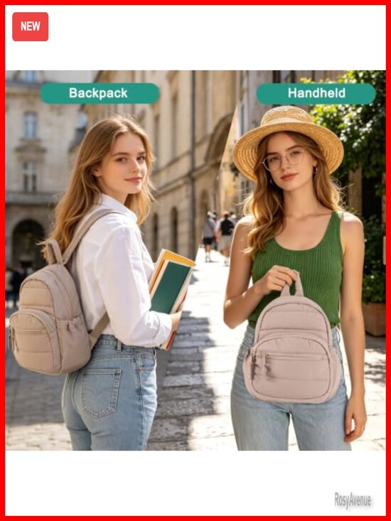 Quilted Mini Backpack Women Puffer Travel Work Campus Adjustable Straps